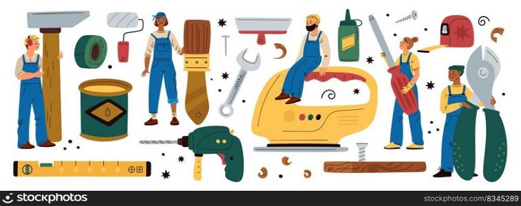 Tiny repair people. Cartoon funny contractor characters. Building tools. Workers in overalls hold hammer or pliers. Professional builder team. Screwdriver and wrench. Carpentry work. Garish vector set. Tiny repair people. Cartoon contractor characters. Building tools. Workers in overalls hold hammer or pliers. Professional team. Screwdriver and wrench. Carpentry work. Garish vector set