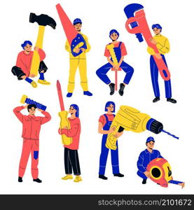 Tiny repair people. Fix breakdowns team, small workers with huge tools, mechanics and contractors characters, men and women with hammer and saw, drill and screw, vector cartoon flat style isolated set. Tiny repair people. Fix breakdowns team, small workers with huge tools, mechanics and contractors characters, men and women with hammer and saw, vector cartoon flat isolated set