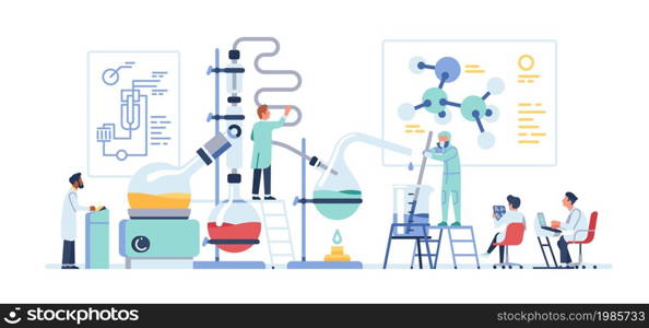 Tiny scientists. Chemists in lab conduct experiments. New elements discovery. Biological research. Microbiology technology. Laboratory employees work with chemical glass test tubes. Vector concept. Tiny scientists. Chemists conduct experiments. New elements discovery. Biological research. Microbiology technology. Laboratory employees work with chemical test tubes. Vector concept