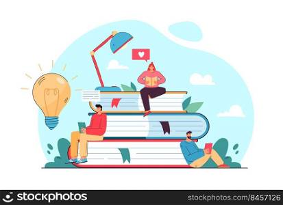 Tiny student sitting on book pile and reading flat vector illustration. Cartoon bookworm people studying and getting new knowledge. Library, literature and education concept