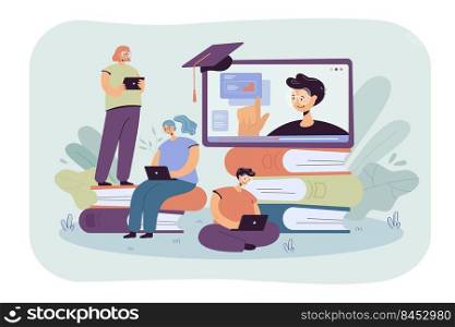 Tiny students learning online lesson via laptop flat vector illustration. Cartoon people listening computer webinar or video college lecture. Education and digital technology concept