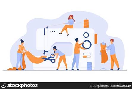 Tiny tailors creating outfit and apparel on sewing machine flat vector illustration. Cartoon women and men working with mannequin. Fashion design industry and textile business concept
