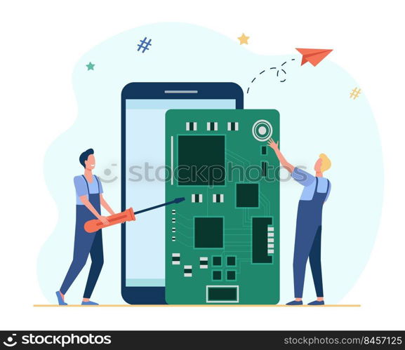Tiny technicians repairing smartphone. Screwdriver, phone, board flat vector illustration. Digital technology and repair service concept for banner, website design or landing web page