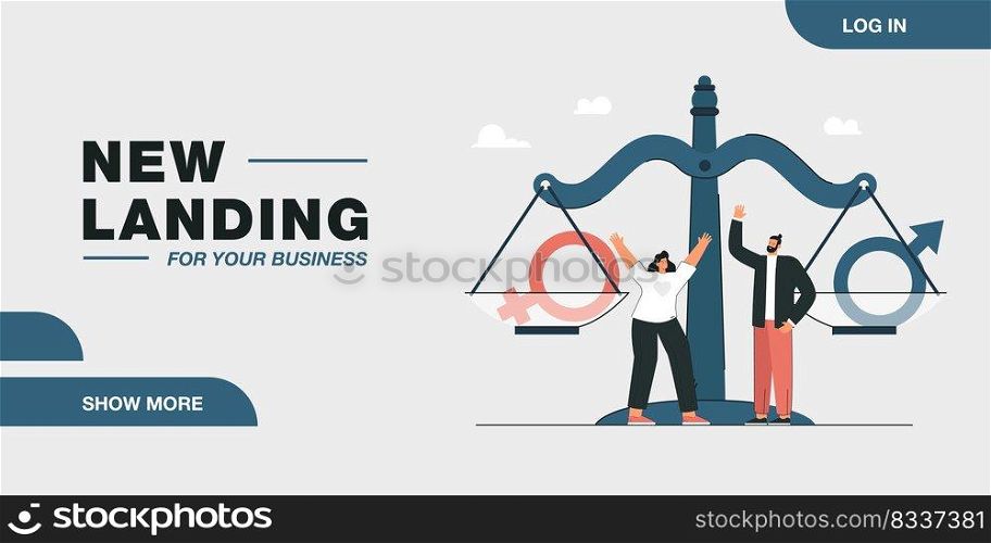 Tiny woman and man standing next to scale with gender symbols. Gender equality flat vector illustration. Feminism, fighting for equal rights concept for banner, website design or landing web page