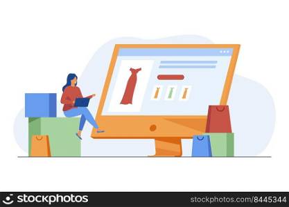 Tiny woman choosing dress in onli≠store via laptop. Computer, bag, clothes flat vector illustration. Shopπng and digital technology concept for ban≠r, website design or landing web pa≥