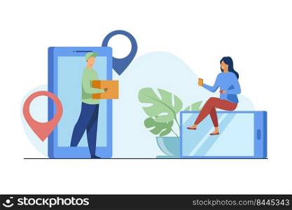 Tiny woman ordering parcel online via smartphone. Box, internet, client flat vector illustration. Delivery service and digital technology concept for banner, website design or landing web page