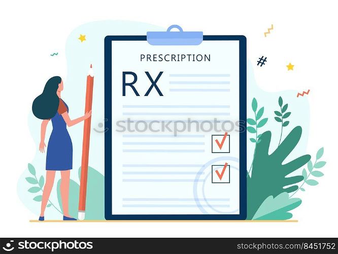 Tiny woman reading doctor prescription. RX, pencil, checkmark flat vector illustration. Medicine and healthcare concept for banner, website design or landing web page