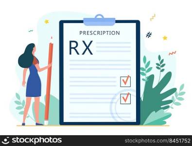 Tiny woman reading doctor prescription. RX, pencil, checkmark flat vector illustration. Medicine and healthcare concept for banner, website design or landing web page
