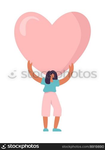 Tiny Woman stay with big heart flat vector illustration. Concept of romance people valentine day sharing love, charity. Assistance, help, support concept.. Tiny Woman stay with big heart flat vector illustration. Concept of romance people valentine day sharing love, charity. Assistance, help, support concept