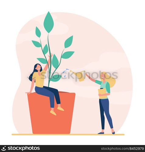 Tiny women growing and watering potted plant. Pot, leaf, greenery flat vector illustration. Home gardening and ecology concept for banner, website design or landing web page