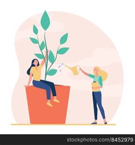 Tiny women growing and watering potted plant. Pot, leaf, greenery flat vector illustration. Home gardening and ecology concept for banner, website design or landing web page
