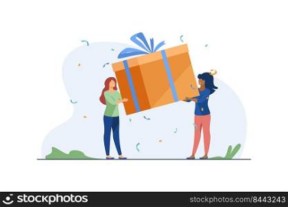 Tiny women holding gift box. Present, ribbon, happiness flat vector illustration. Celebration and holiday concept for banner, website design or landing web page