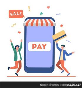 Tiny young guys paying with plastic card via mobile app. Smartphone, online, store flat vector illustration. Shopping and digital technology concept for banner, website design or landing web page