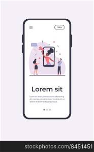 Tiny young people listening woman on smartphone screen. Phone, loudspeaker, network flat vector illustration. Advertising and digital technology concept for banner, website design or landing web page