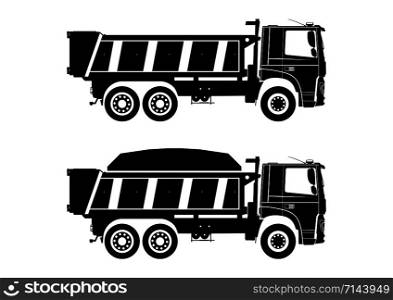 Tipper truck. Dumpers silhouettes on a white background with and without load. Side view. Flat vector.
