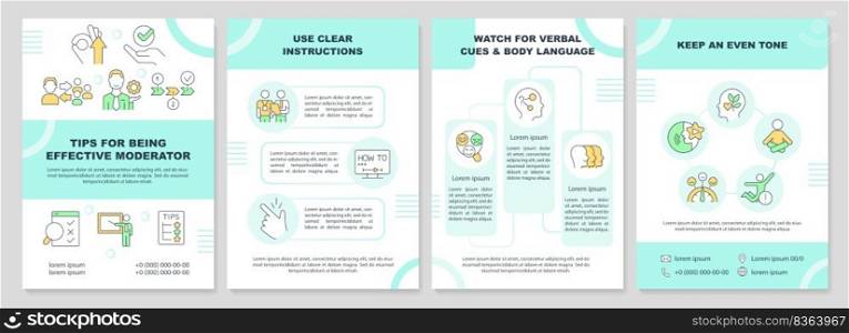 Tips for being effective moderator turquoise brochure template. Leaflet design with linear icons. Editable 4 vector layouts for presentation, annual reports. Arial-Black, Myriad Pro-Regular fonts used. Tips for being effective moderator turquoise brochure template
