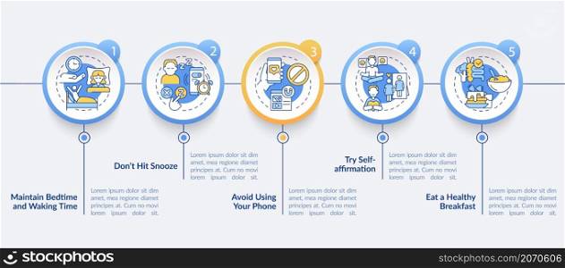 Tips for building morning routine blue circle infographic template. Data visualization with 5 steps. Process timeline info chart. Workflow layout with line icons. Myriad Pro-Bold, Regular fonts used. Tips for building morning routine blue circle infographic template