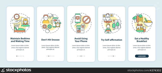 Tips for building morning routine onboarding mobile app screen. Ideas walkthrough 5 steps graphic instructions pages with linear concepts. UI, UX, GUI template. Myriad Pro-Bold, Regular fonts used. Tips for building morning routine onboarding mobile app screen