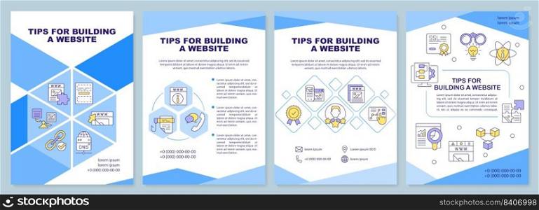 Tips for building website blue brochure template. Site plan. Leaflet design with linear icons. Editable 4 vector layouts for presentation, annual reports. Arial-Black, Myriad Pro-Regular fonts used. Tips for building website blue brochure template