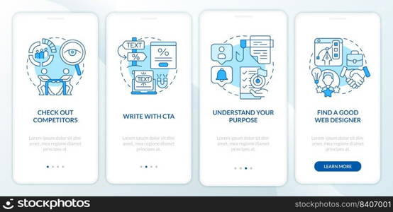 Tips for creating website blue onboarding mobile app screen. Walkthrough 4 steps editable graphic instructions with linear concepts. UI, UX, GUI template. Myriad Pro-Bold, Regular fonts used. Tips for creating website blue onboarding mobile app screen