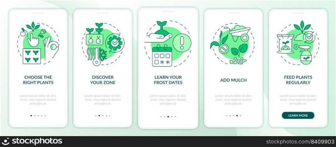 Tips for gardening green onboarding mobile app screen. Plants growth walkthrough 5 steps editable graphic instructions with linear concepts. UI, UX, GUI template. Myriad Pro-Bold, Regular fonts used. Tips for gardening green onboarding mobile app screen