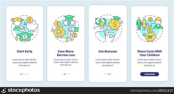 Tips for saving for college onboarding mobile app screen. Education walkthrough 4 steps editable graphic instructions with linear concepts. UI, UX, GUI template. Myriad Pro-Bold, Regular fonts used. Tips for saving for college onboarding mobile app screen