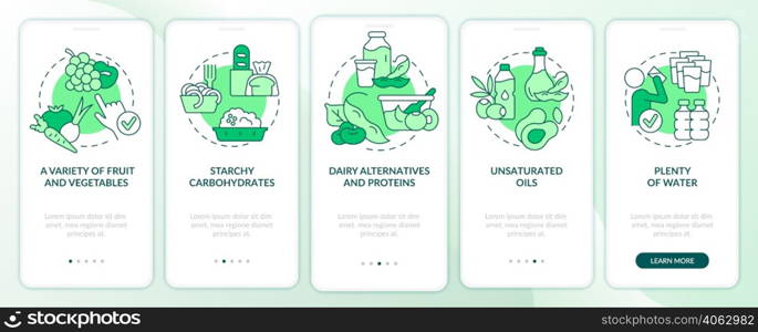 Tips for vegan lifestyle green onboarding mobile app screen. Walkthrough 5 steps graphic instructions pages with linear concepts. UI, UX, GUI template. Myriad Pro-Bold, Regular fonts used. Tips for vegan lifestyle green onboarding mobile app screen