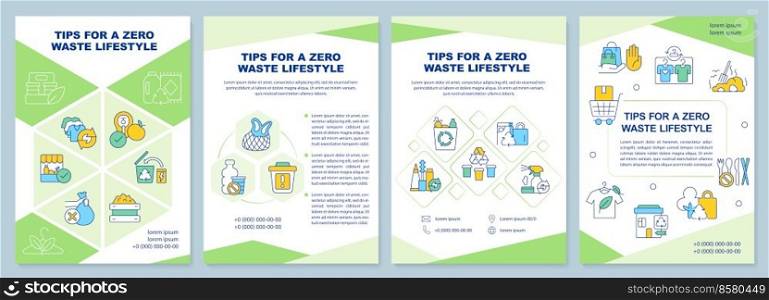 Tips for zero waste lifestyle green brochure template. Leaflet design with linear icons. Editable 4 vector layouts for presentation, annual reports. Arial-Black, Myriad Pro-Regular fonts used. Tips for zero waste lifestyle green brochure template