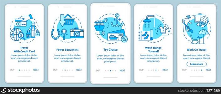 Tips onboarding mobile app page screen with concepts. Remote work. Postcard for souvenirs. Budget tourism walkthrough five steps graphic instructions. UI vector template with RGB color illustrations