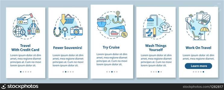 Tips onboarding mobile app page screen with concepts. Wash things yourself. Try cruise. Budget traveling walkthrough five steps graphic instructions. UI vector template with RGB color illustrations