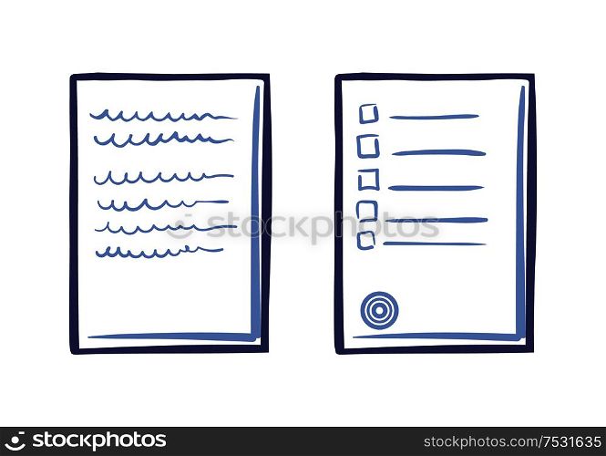 Tips or list on sheet of paper, contract with text, stamp and doodles vector icon isolated. Commercial documentation template, web letter sample, line art. Tips or List on Sheet of Paper Contract Text Stamp