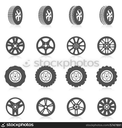 Tire car auto montage service black silhouette icons set isolated vector illustration