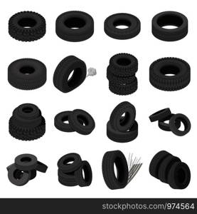 Tire icons set. Isometric illustration of 16 tire vector icons for web. Tire icons set, isometric style