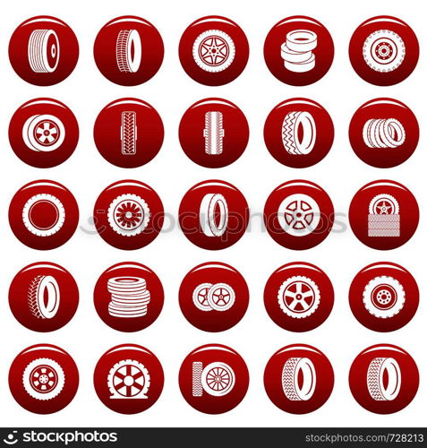 Tire icons set. Simple illustration of 25 tire vector icons red isolated. Tire icons set vetor red