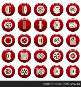 Tire icons set. Simple illustration of 25 tire vector icons red isolated. Tire icons set vetor red