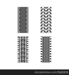 Tire patterns black glyph icons set on white space. Detailed automobile, motorcycle, bike tyre marks. Car summer and winter wheel trace. Tire trail. Silhouette symbols. Vector isolated illustration