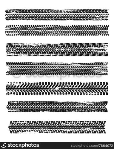 Tire prints, black car tyres track, isolated grunge vector marks. Bike race, vehicle, transportation dirty wheels trace. Rubber tires prints, automobile or bicycle drag. Monochrome graphic pattern set. Tire prints, black car tyres track, grunge marks