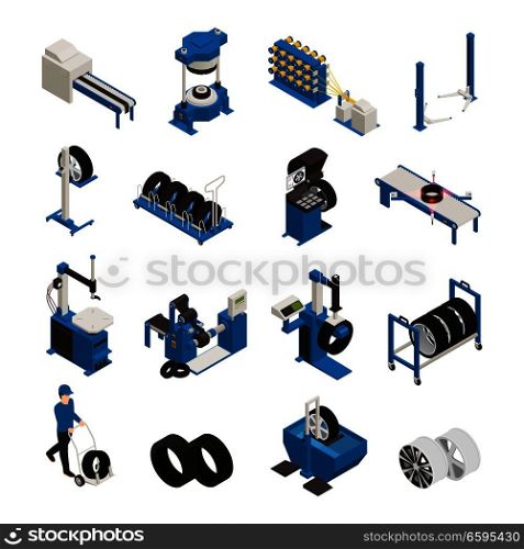 Tire production isometric icons with industrial equipment for manufacturing and maintenance of automobile wheel isolated vector illustration   . Tire Production Isometric Icons