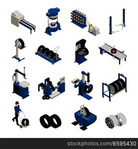 Tire production isometric icons with industrial equipment for manufacturing and maintenance of automobile wheel isolated vector illustration . Tire Production Isometric Icons