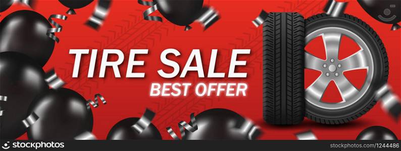 Tire sale with car wheel and black balloons and confetti on red background poster card