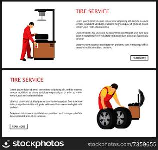 Tire service and automobile workshop color card, professional equipment for wheels servicing or alignment process, working men isolated text sample. Tire Service and Automobile Workshop Color Card
