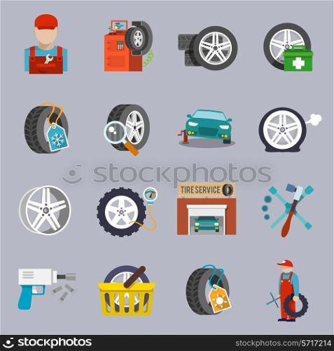 Tire service car auto mechanic repair icons flat set isolated vector illustration