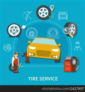 Tire service concept with mechanic repairing car on bright blue background flat vector illustration. Tire Service Concept
