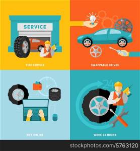 Tire service design concept with swappable drivers online buying 24 hours work flat icons isolated vector illustration
