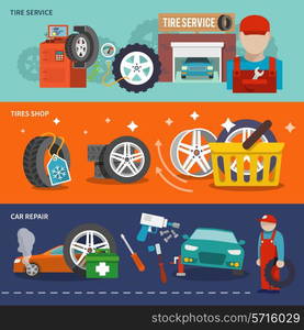 Tire service flat banner set with shop car repair mechanic isolated vector illustration