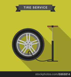 Tire service flat illustration.. Tire service flat illustration with long shadow. Vector simple icons of tire and pump.