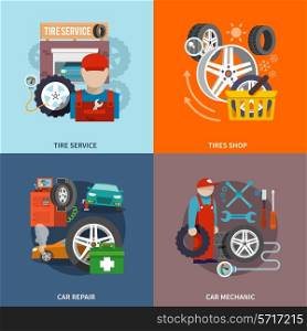 Tire service flat set with shop car repair mechanic isolated vector illustration.