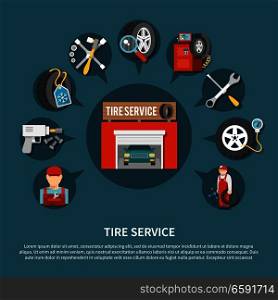 Tire service tools for repairing vehicles and various car parts flat concept vector illustration. Tire Service Concept