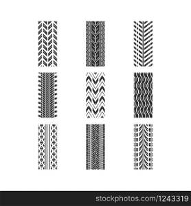 Tire traces black glyph icons set on white space. Detailed automobile, motorcycle, bike tyre marks. Car summer and winter wheel trace. Tire trail. Silhouette symbols. Vector isolated illustration