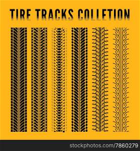 Tire track collection. Vector illustration on yellow background